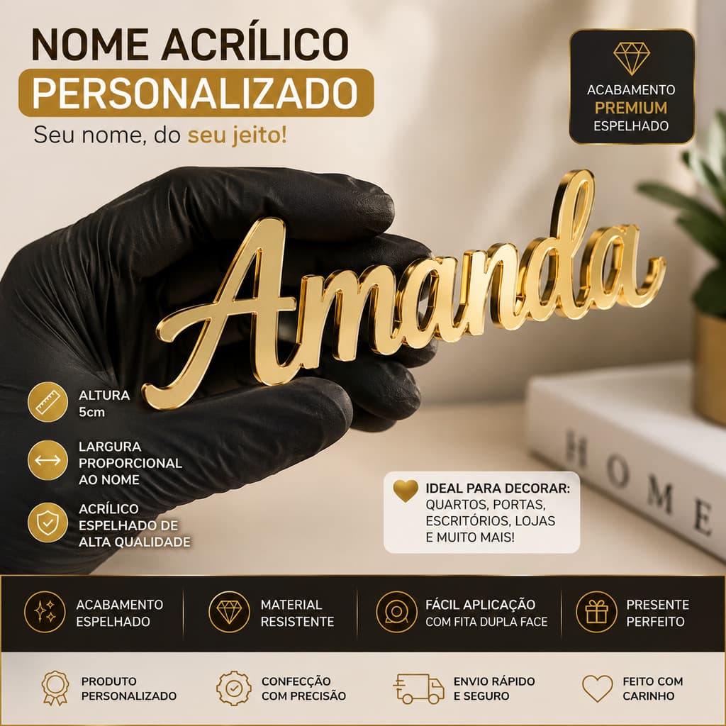 Nome Acrilico 5cm altura (largura proporcional ao nome) - medida nao é para laço/faixa