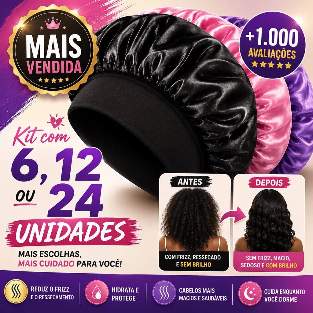 Kit Touca de Cetim com Faixa 6, 12 ou 24 Unidades Anti Frizz Protege os Cabelos Dormir Cetim Premium Cores Sortidas