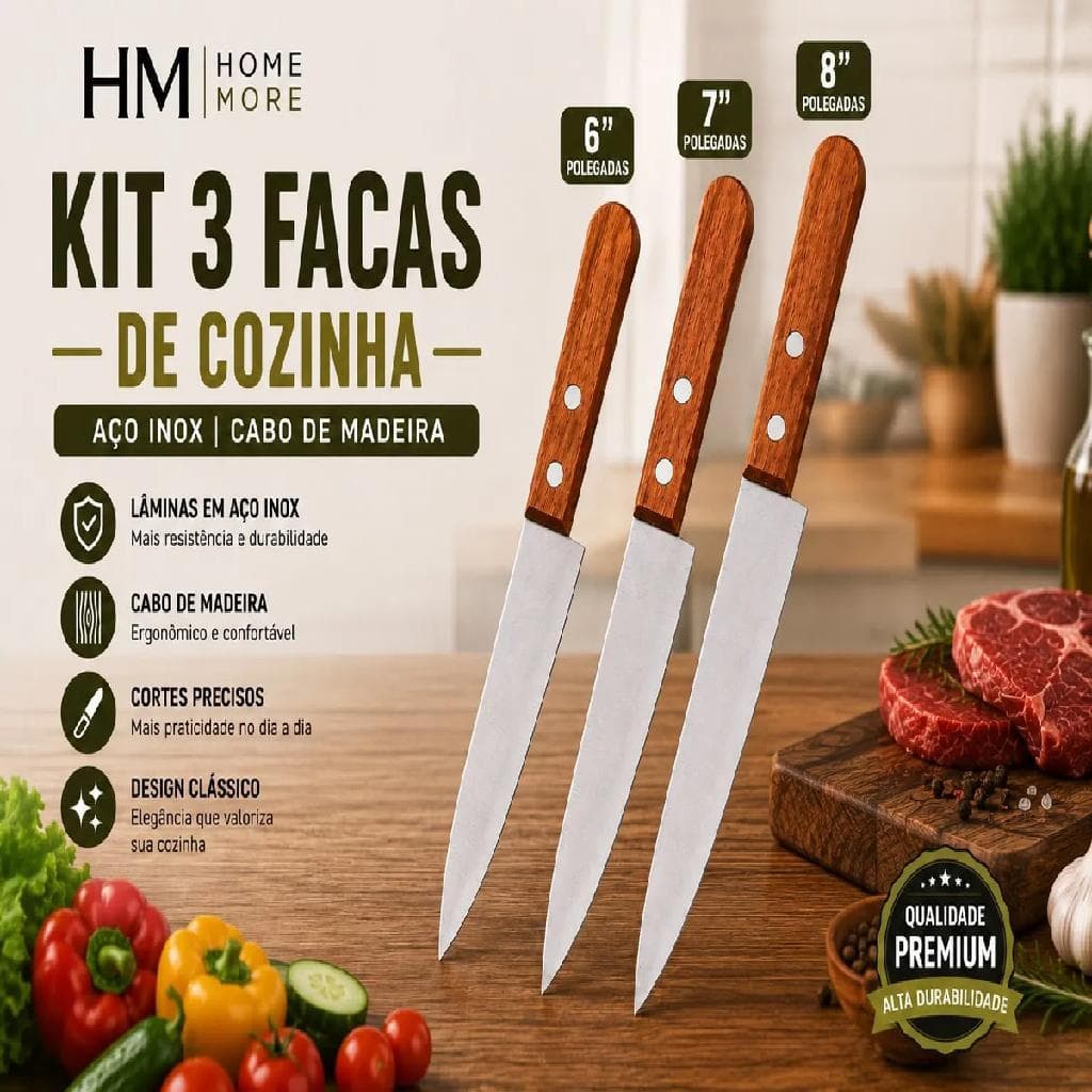 Kit 3 Facas Cozinha 6, 7, 8 Polegadas Aço Inox Cabo Madeira