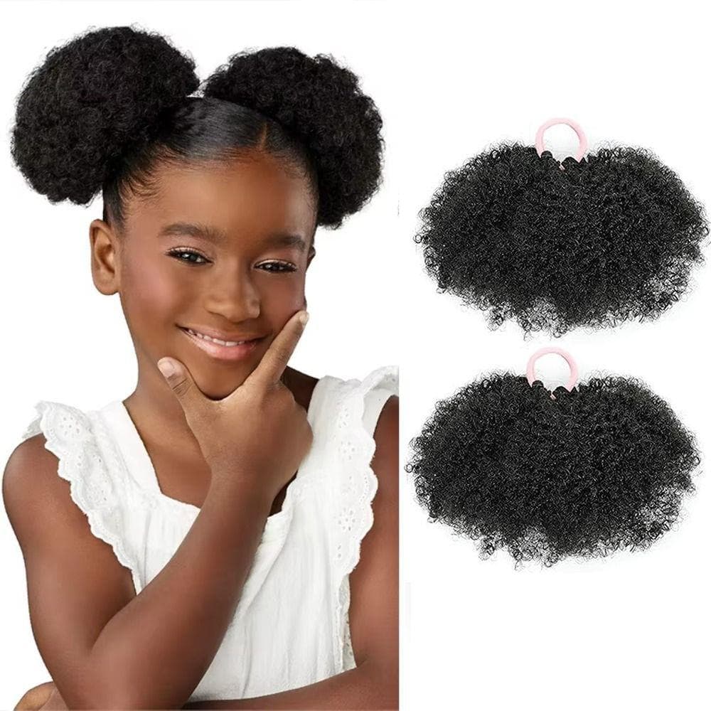 BORUIB 2 Peças Mini Coque De Cabelo Encaracolado Afro , Rabo De Cavalo Sintético Preto Natural Para Crianças , Pedaço