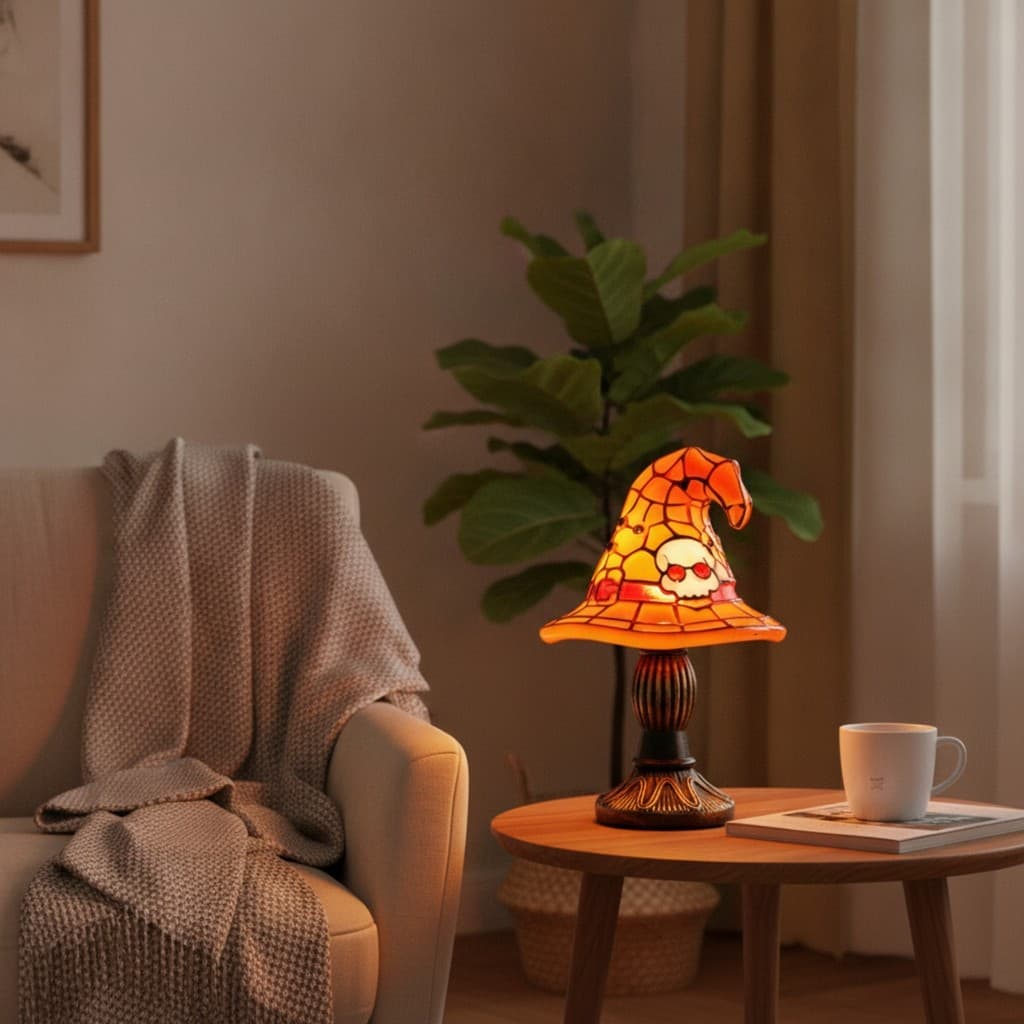 Vitral Bruxa Chapéu Lâmpada Assustador Luz Da Noite Desktop Decorativa Compacto Aconchegante Para Festa