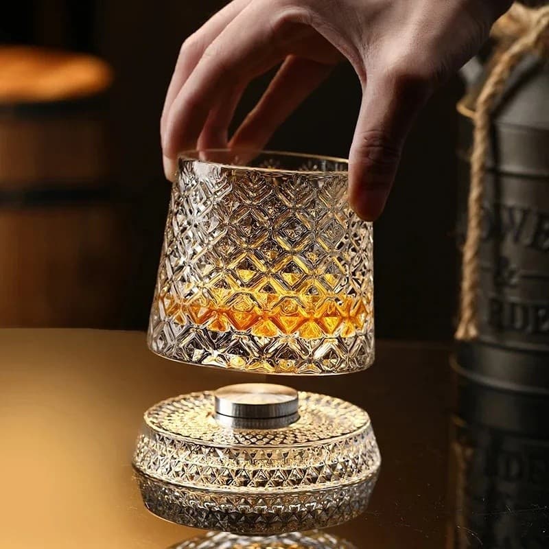 Copos de Whisky Rotativos com Base de Vidro, Rotação de 360 Graus, Copo de Cristal para Rum, para Festas e Coquetéis 9LG