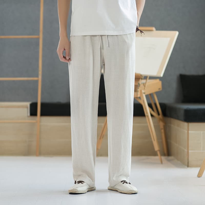 Estilo chinês verão fino algodão linho calças casuais Retro solto calças retas tamanho grande juventude linho calças de