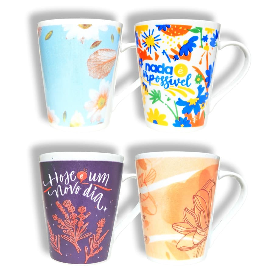 Canecas de porcelana brancas, cônicas, decoradas, 290 ml, xicara, café, chá, Col7-FRASES - 4 canecas