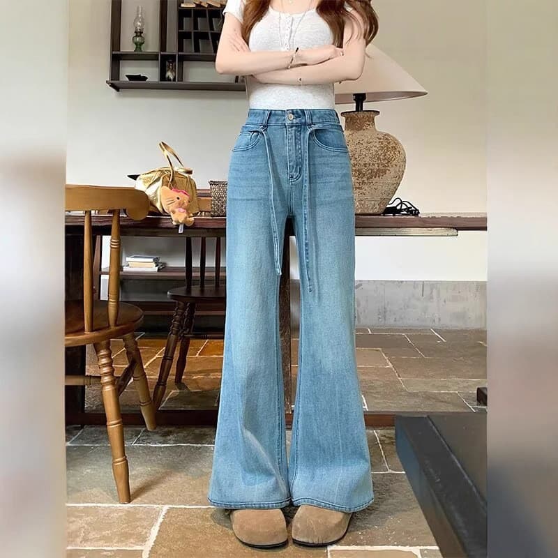 Calças jeans elásticas à boca de sino para mulheres, novo estilo de primavera e outono, cintura alta, tamanho grande, co