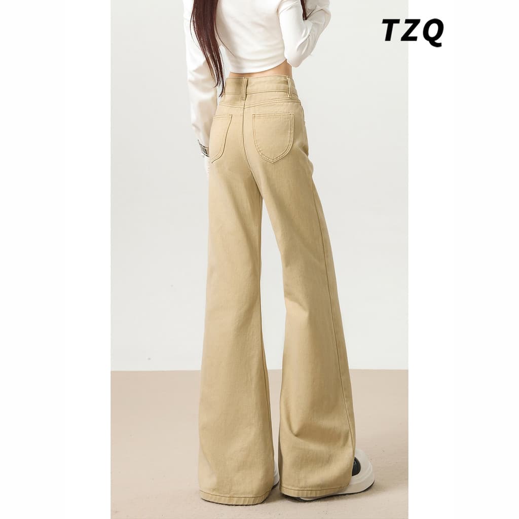 Calças jeans femininas de verão, não justas, com corte flared, calças de ganga largas e soltas, calças caqui de cintura