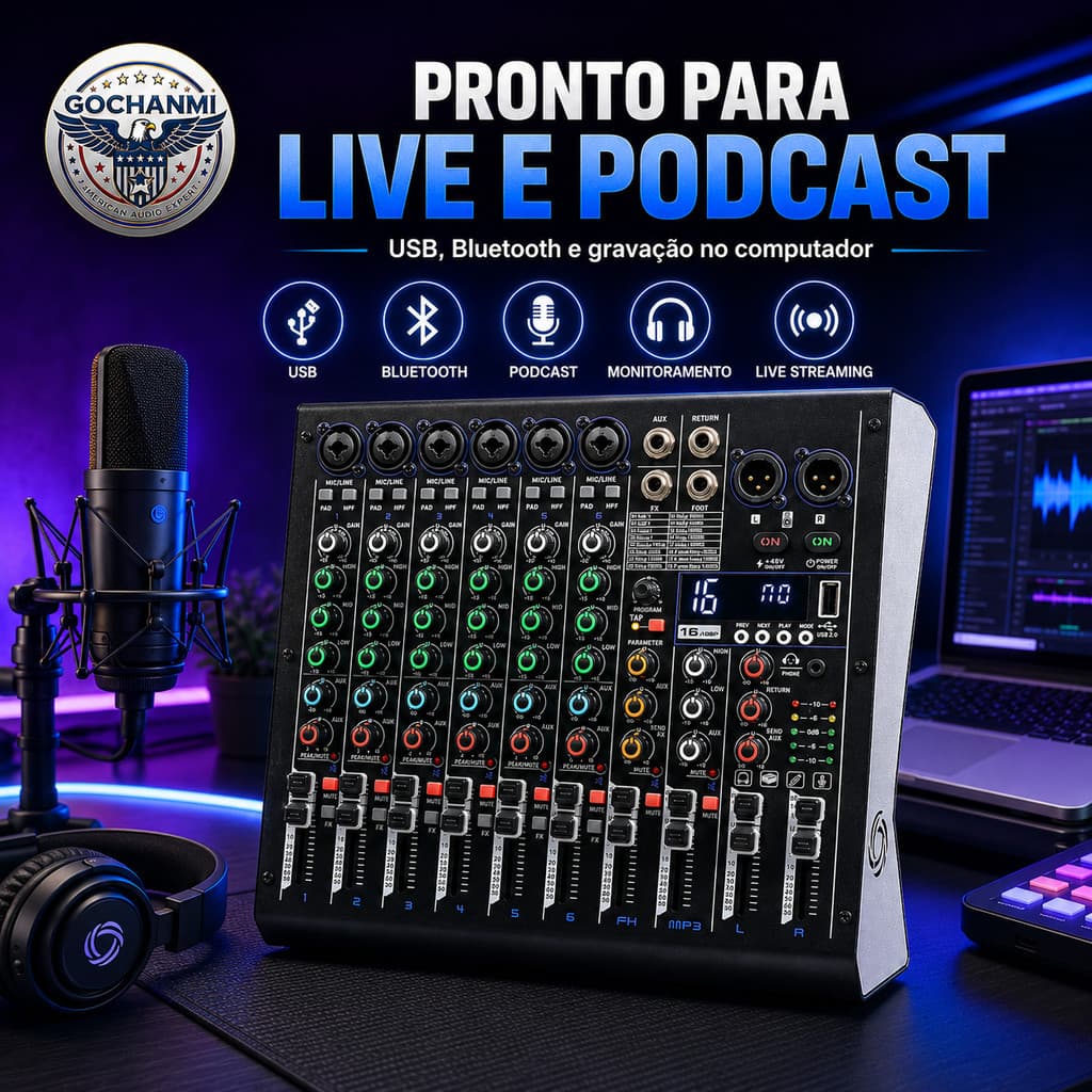 Mixer Profissional BW6 6 Canais com 16 Efeitos Reverb Delay TAP e Phantom +48V