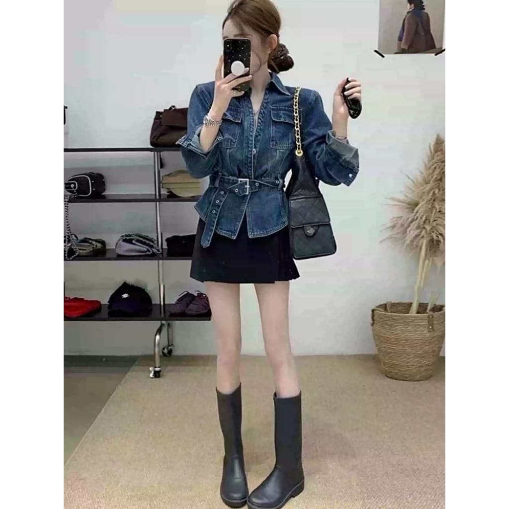 Super elegante temperamento atado cintura estreita Denim jaqueta feminina estilo primavera High-End mais magro olhar La