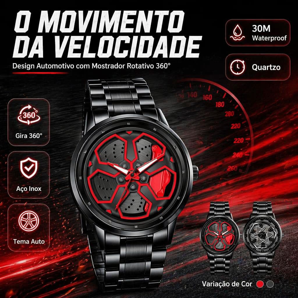 Relógio Masculino Automotivo Roda de Carro Giratória Aço Inoxidável Quartzo Resistente à Água 30M Estilo Esportivo