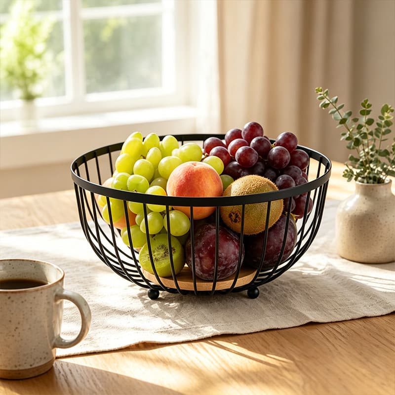 Fruteira De Mesa Ferro Bambu Metal Preto Multiuso Para Café Da Manhã Armazenamento Cozinha
