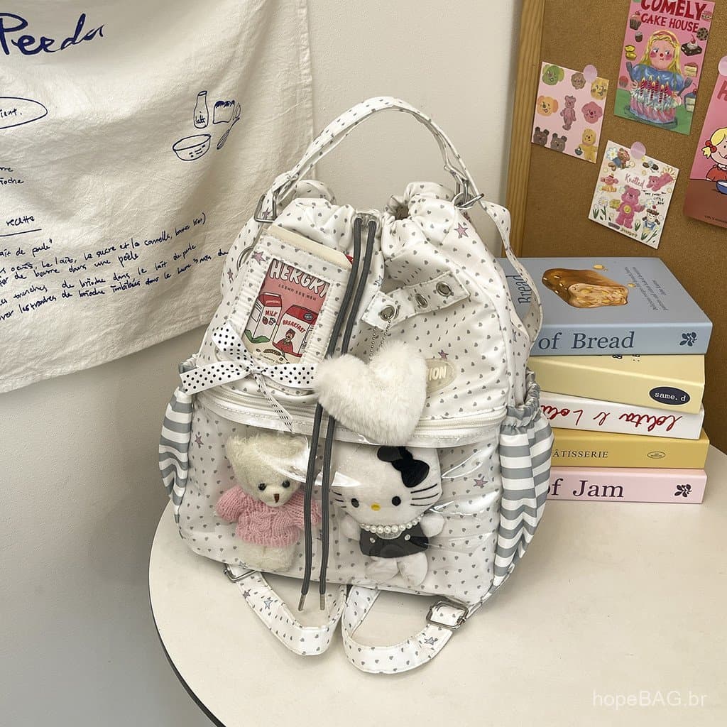 Mochila Ita Bag Doce e Fofa com Bolinhas para Mulheres, Novo Modelo 2026, Grande Capacidade, Camada Transparente, Mochil