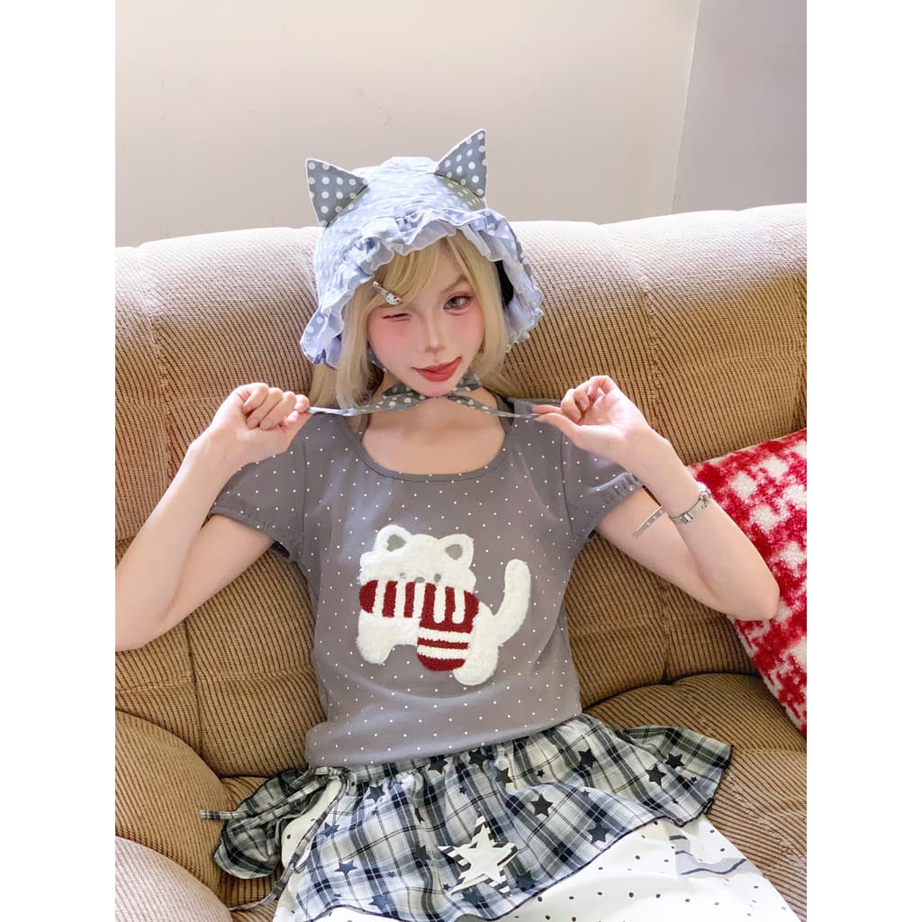 Mori feminino tribo doce bonito fino-ajuste Casual de manga curta camiseta feminina novo estilo verão bolinhas gatinho H