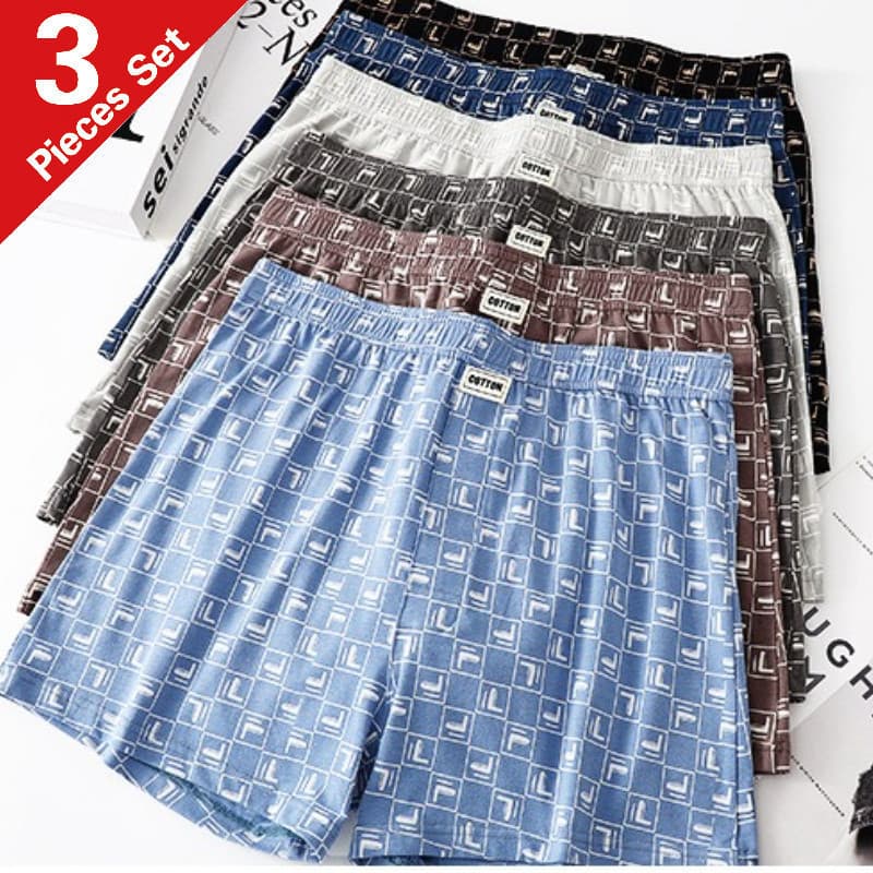 Pacote com 3 peças - Cuecas masculinas de corte solto com estampa fashion, algodão xadrez, estilo boxer fino e respiráve