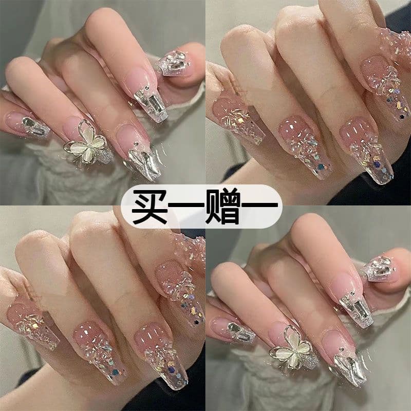 Unhas postiças artesanais, populares no Xiaohongshu, com diamantes triturados, glitter de borboleta, peças de nail art,