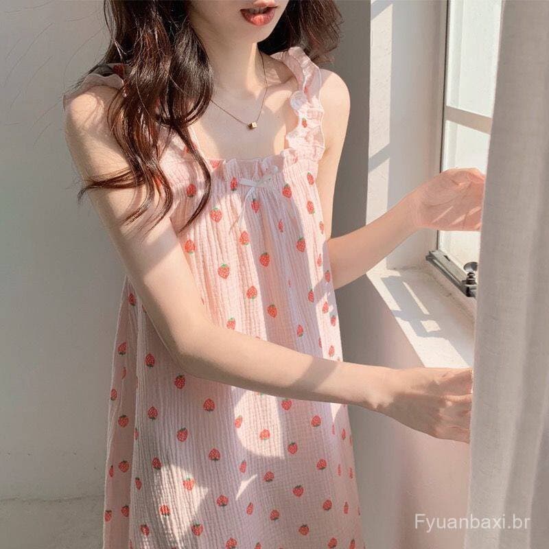 Pijama de fio de algodão Seersucker transfronteiriço para meninas primavera verão novo estilo estampado rosa morango pod