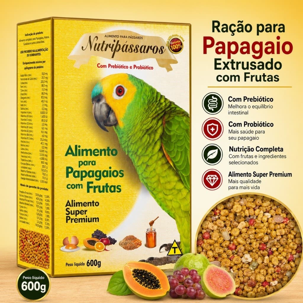 Ração Nutripássaros Para Papagaios Extrusados com Frutas 600g