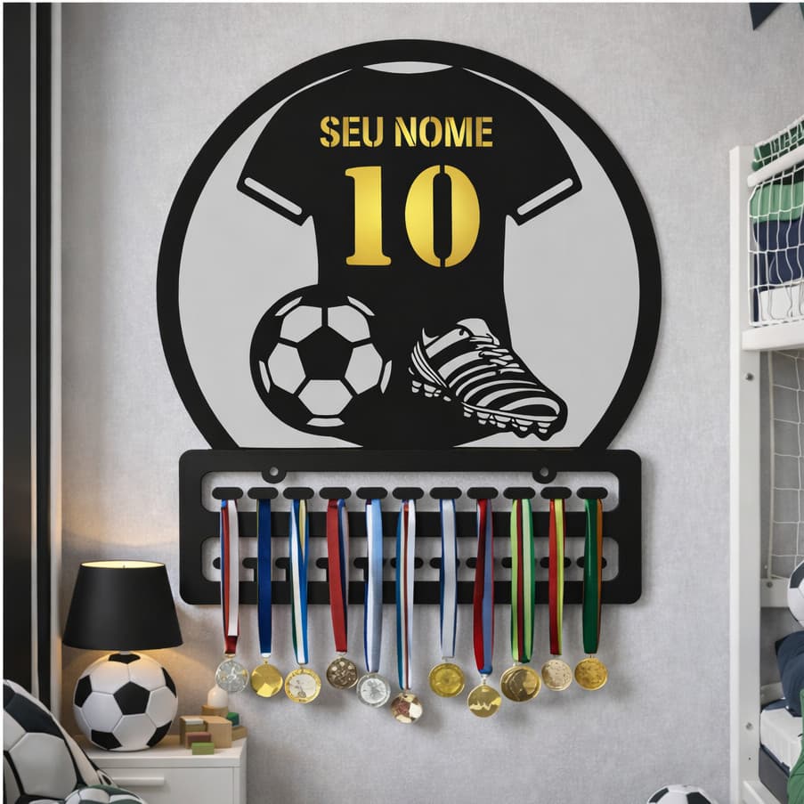 Porta Medalhas Futebol Chuteira Esporte com nome em acrílico e o numero– MDF