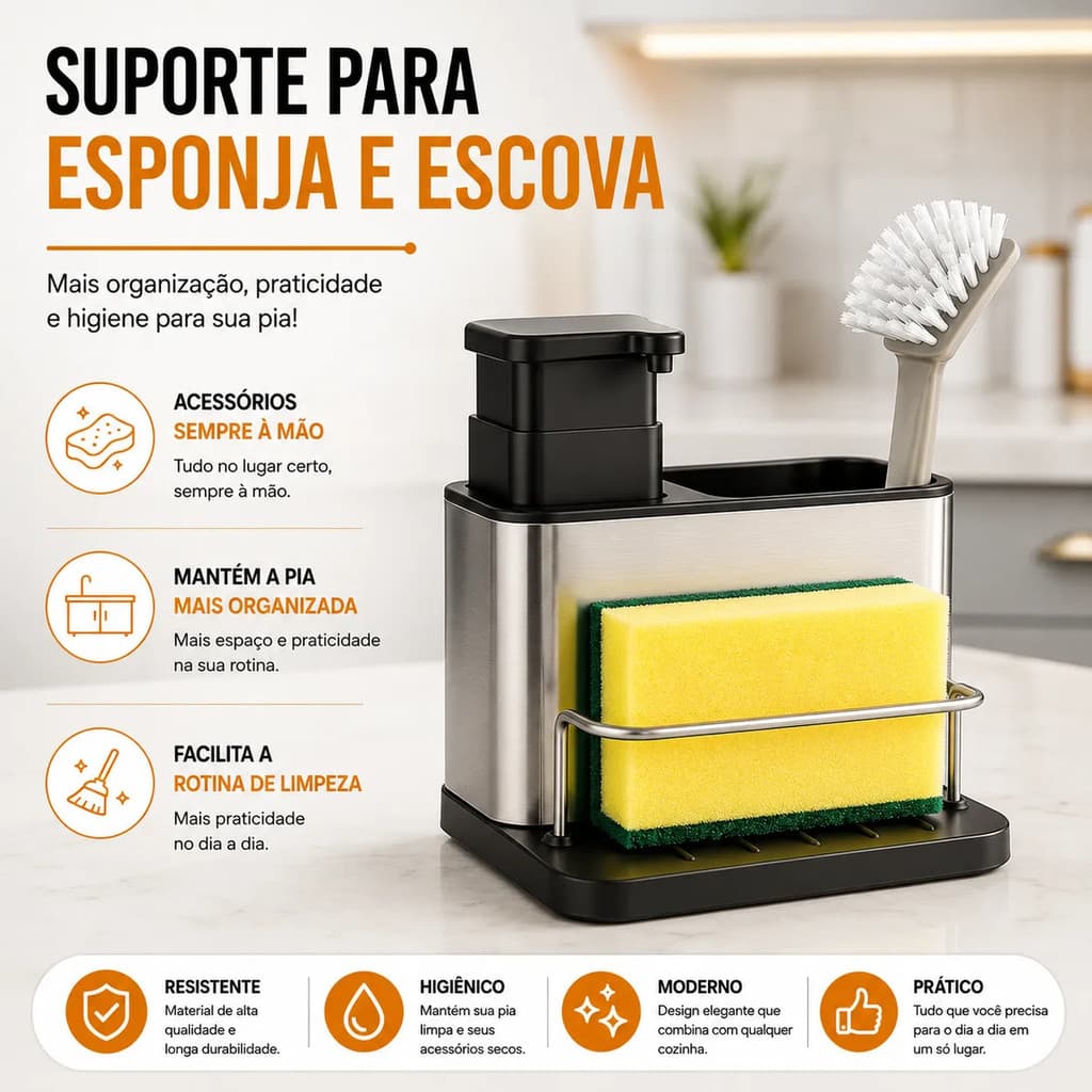 Organizador De Pia 3 Em 1 Inox Com Dispenser E Porta Esponja