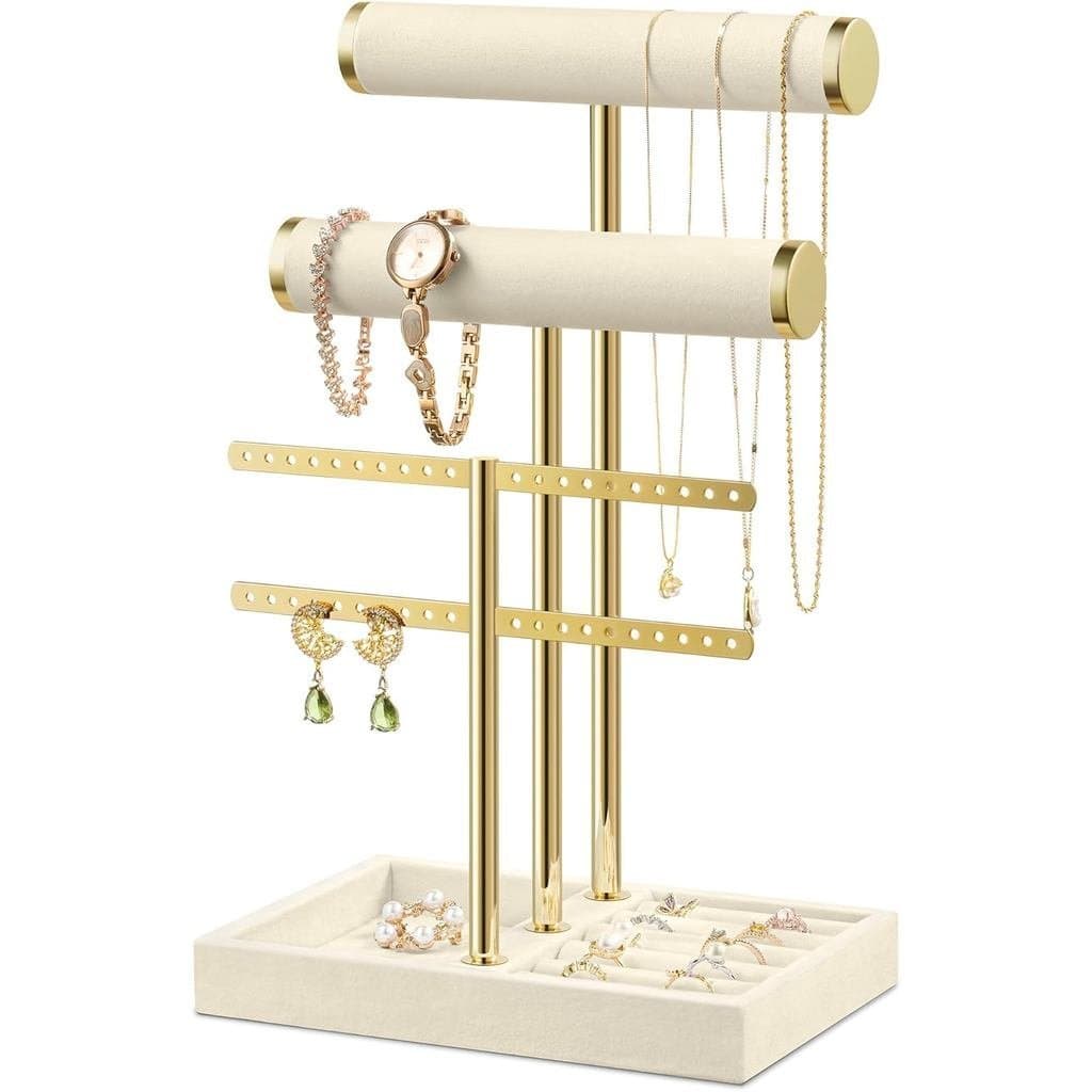 Suporte para Pulseiras e Organizador de Joias - Expositor de Veludo em T de 3 Níveis, Bege, para Armazenamento de Pulsei