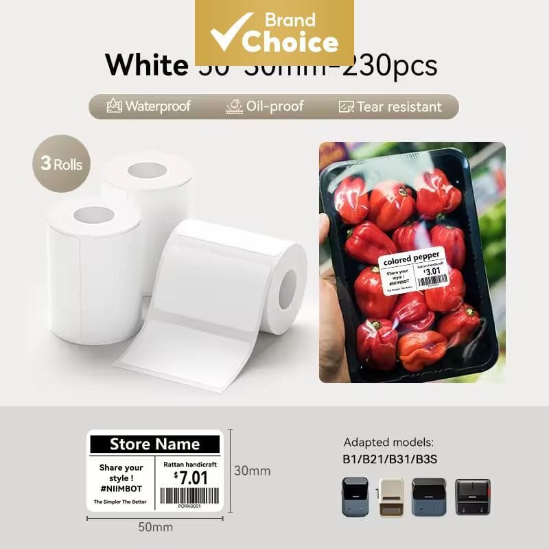 3 Rolos de Etiquetas Térmicas Niimbot 50x30mm | 230 Unidades, Papel Adesivo Branco à Prova d'Água, Compatível com