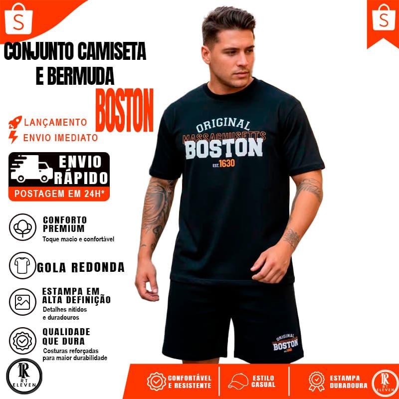 Kit Camiseta + Short Moletom Boston Conjunto Camiseta Malha 100% algodão Linha Premium + Bermuda Moletom Com bolso CS