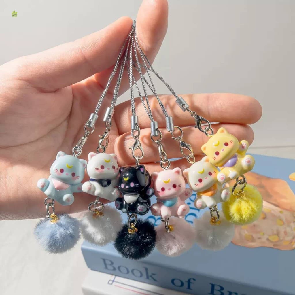 Pingente Colorido De Bola De Pele De Gatinho-De Desenho Animado De Gato Com Corrente De Telefone De Coração Feminino Con