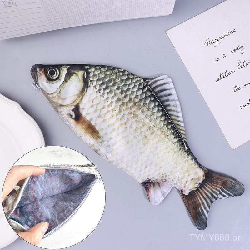 Estojo de lápis em forma de carpa, bolsa de maquiagem realista em forma de peixe, estojo de lápis com zíper traseiro