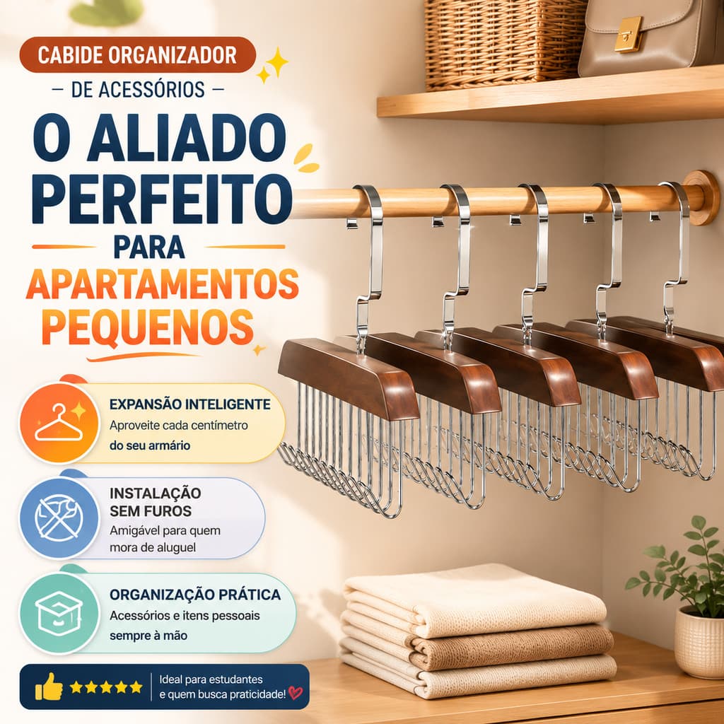 Cabide Organizador de Madeira com 8 Ganchos Multiuso para Cintos Gravatas Lenços Bolsas Colares Sutiãs e Acessórios