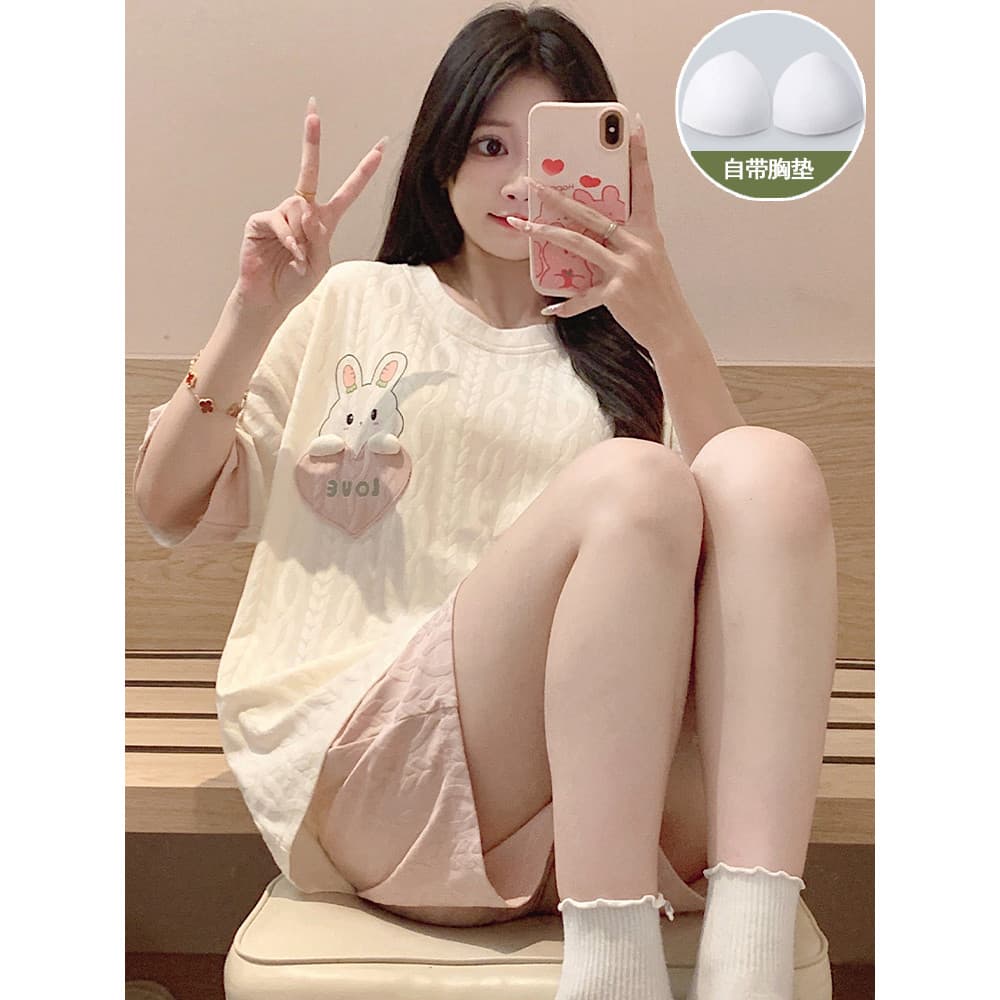 Pijamas femininos verão 2026 novo estilo com almofada no peito um doce bonito verão Shorts de manga curta Homewear terno