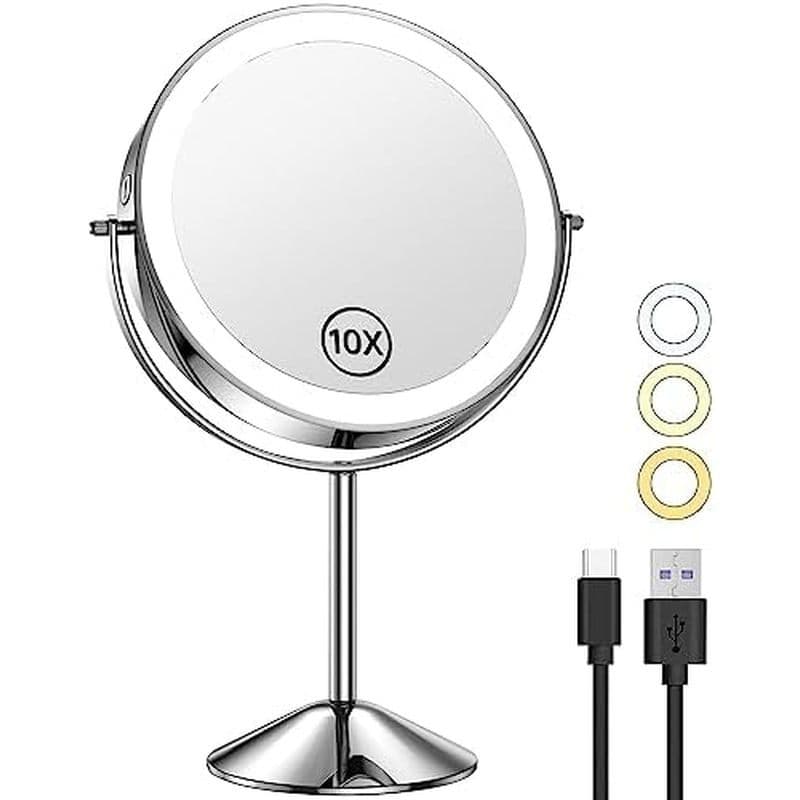 Espelho De Maquiagem Iluminado Gospire 7 " Com Magnifiion 10X/1X , Altura Ajustável & amp ; Luzes Reguláveis De 3 Cores
