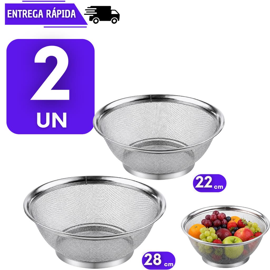 2 Cesto Escorredor De Alimentos Em Inox Resistente Multiuso Massa Fritura Legumes Frutas Fruteira Lavar Cesta Macarrão