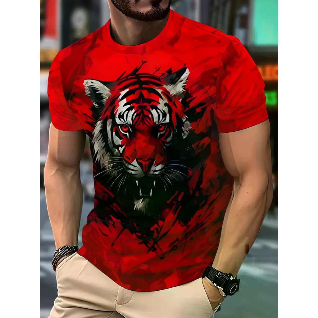 Camiseta Masculina Com Estampa De Tigre Vermelho E Tinta Respingo , Casual , Gola Redonda , Manga Curta , Animal Ousado