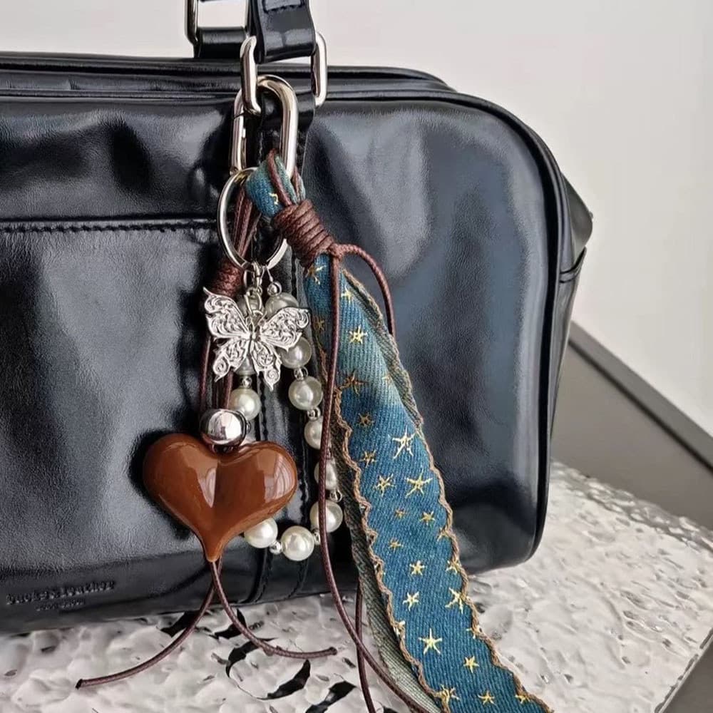 Chaveiro de bolsa, chaveiro de fita jeans, coração de pérola, anti-perda, pingente fofo, UMSG da moda