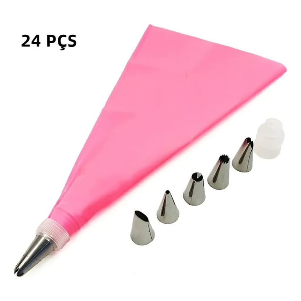 Kit Confeiteiro 24 Peças Saco de Silicone Reutilizável com Bicos de Aço Inox para Decoração de Bolos