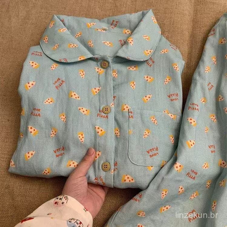 Pijama Vintage Com Gola Concha , Manga Comprida , Calça Algodão , Roupa De Dormir