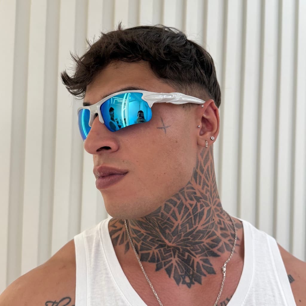 QUALITY PRIMUM Óculos de Sol Esportivo-Armação Branca com Lente Espelhada Azul