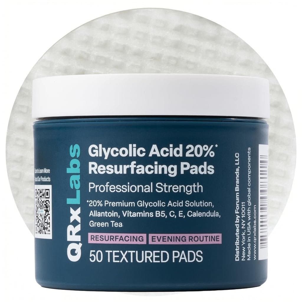 Pads de Ácido Glicólico QRxLabs - Pads Esfoliantes 20% para Rosto e Corpo AHA - Esfolia a superfície da, reduz a ap