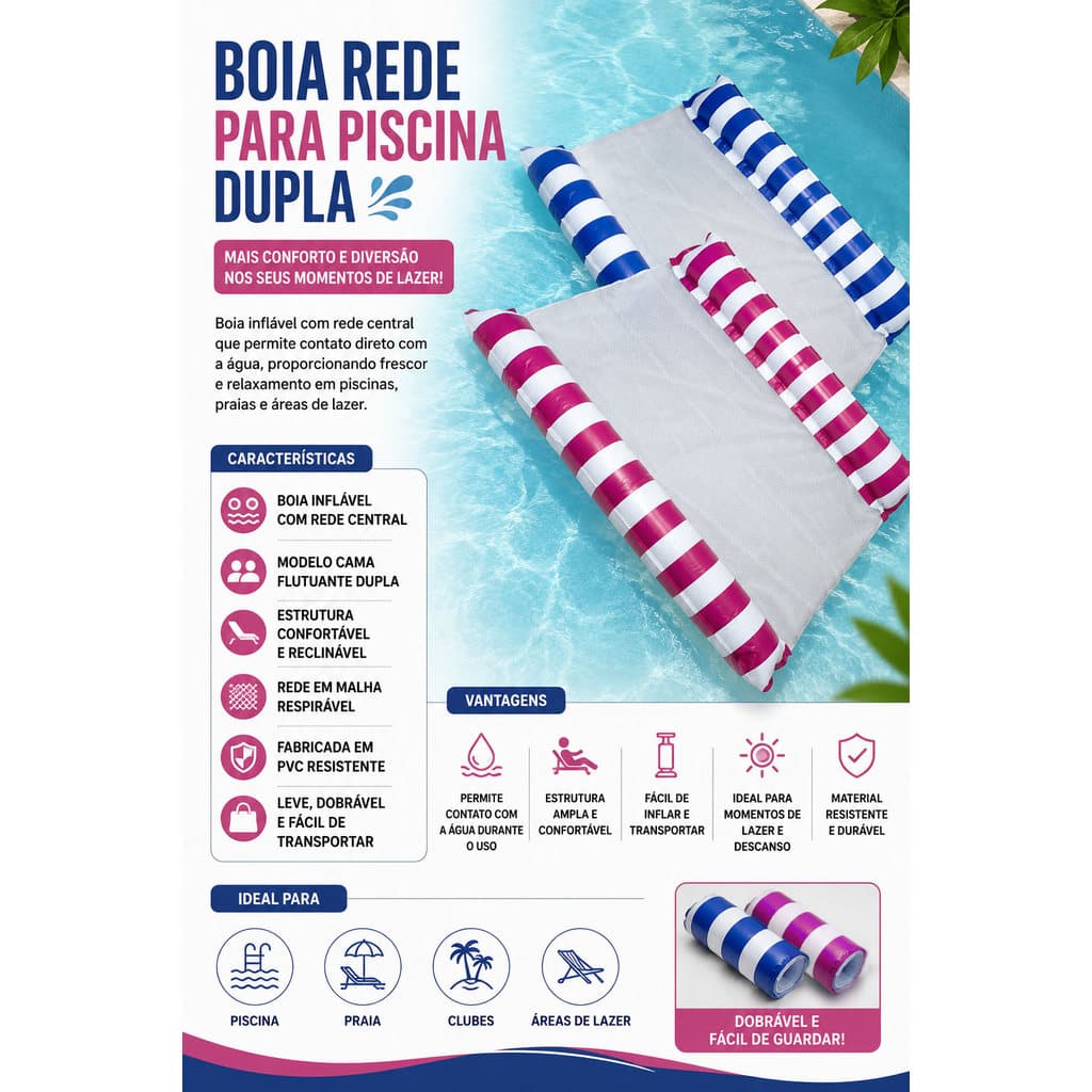 Boia Para Dois Rede Piscina Inflável Cama Flutuante Reclinável PVC 138x130cm para Lazer