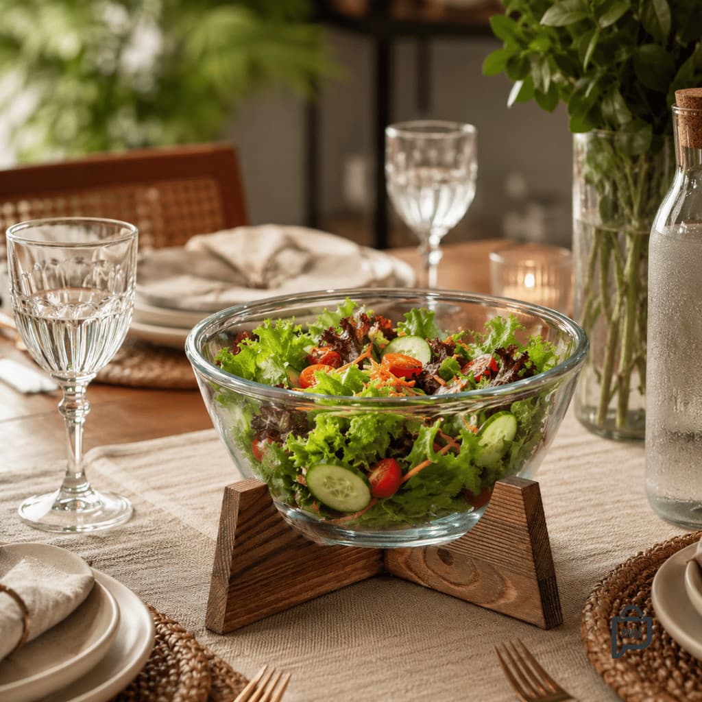 Saladeira De Vidro Borossilicato 2,1L Com Base Em Madeira Acácia