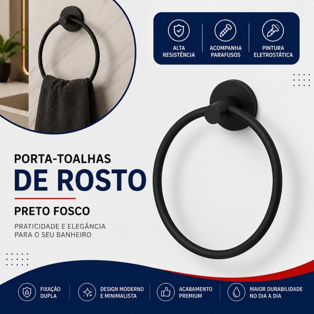 Suporte para Toalhas Veneza Preto Argola Aço Inox Antiferrugem