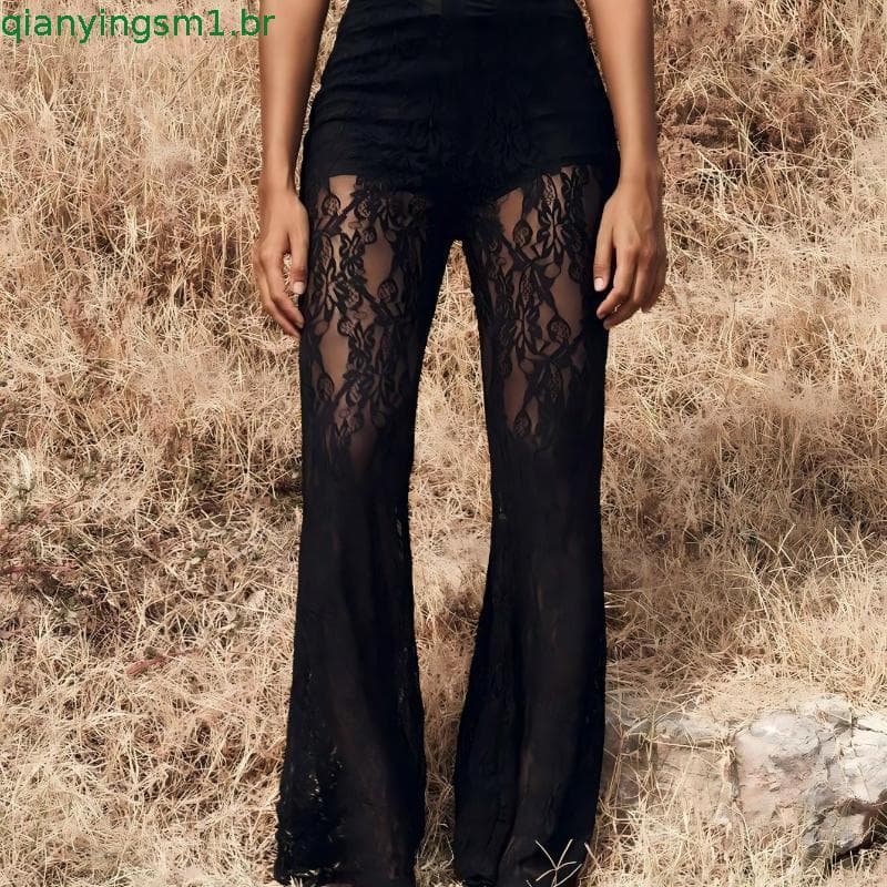 Calças Femininas De Renda Primavera Verão Cintura Alta Na Moda Pura Perna Larga Largas