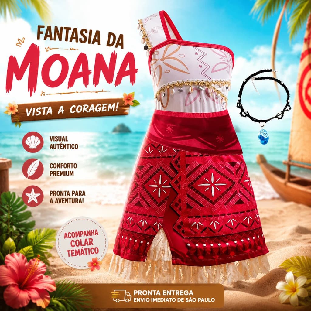 Fantasia Da Moana Infantil Vestido Longo Com Colar Para Festa E Cosplay