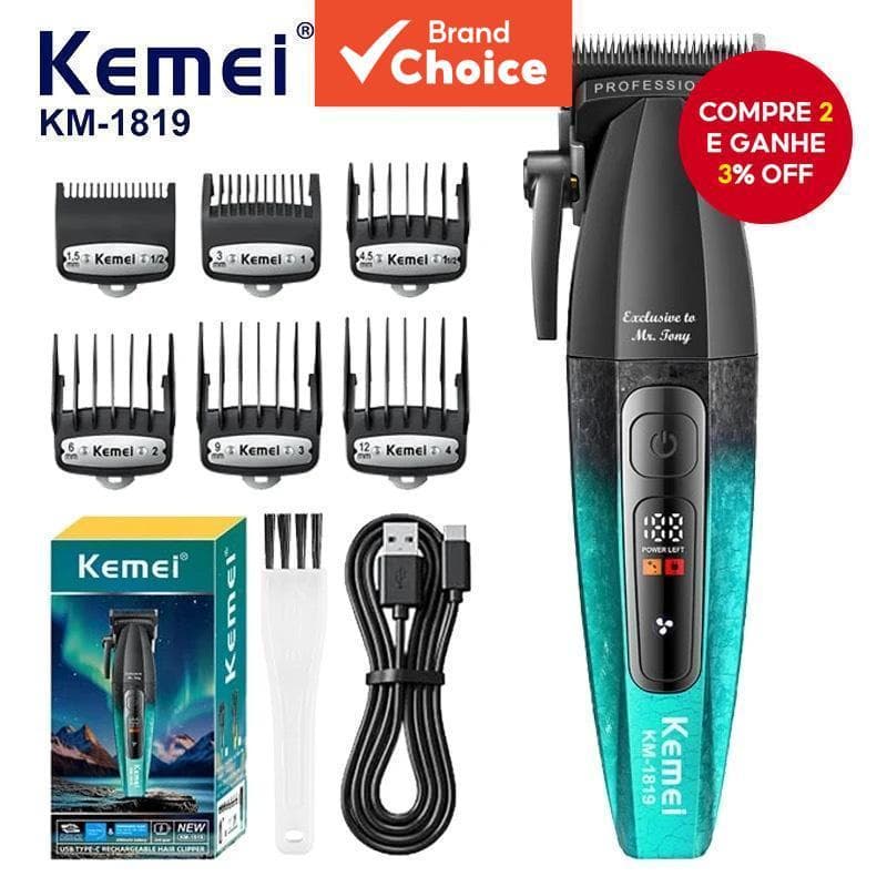 Kemei 1819 Aparelho Elétrico de Corte de Cabelo Masculino, Profissional, Sem Fio e Recarregável, Máquina de Cortar