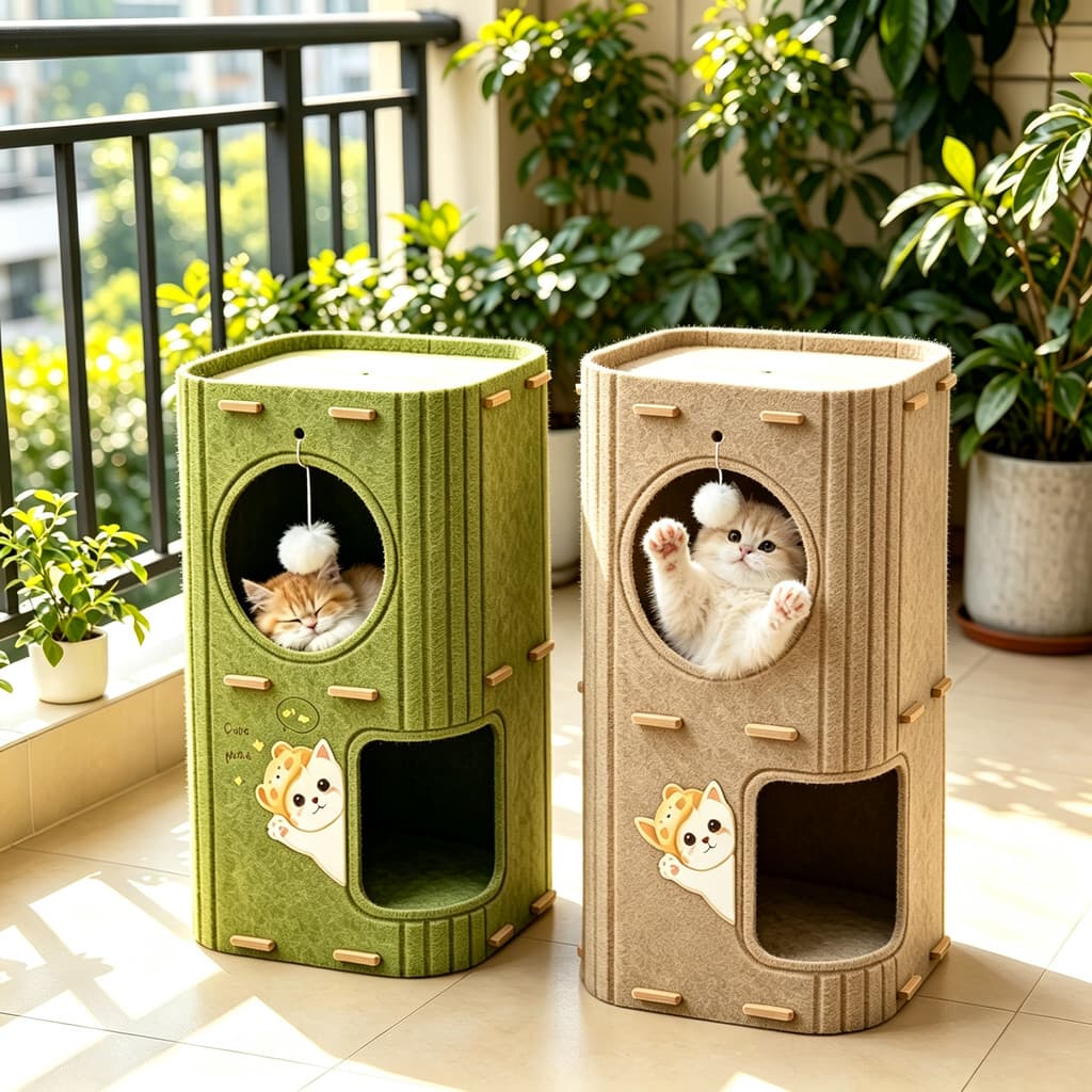 Abrigo Torre de Gatos em Feltro Resistente Duplo Andar, Casa Felina com Arranhador Integrado e Bolinha de Brincadeira