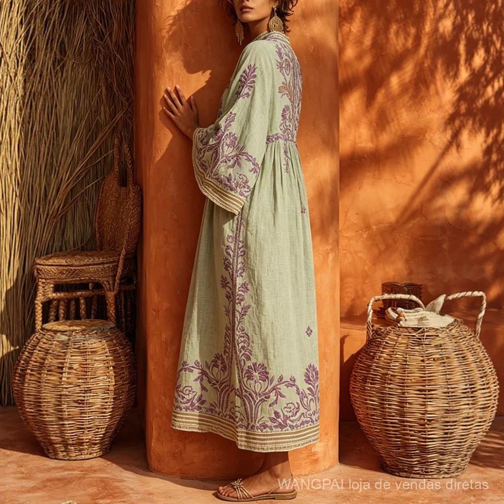 Vestido Longo Feminino Solto Estilo Boêmio Estampado em Algodão e Linho