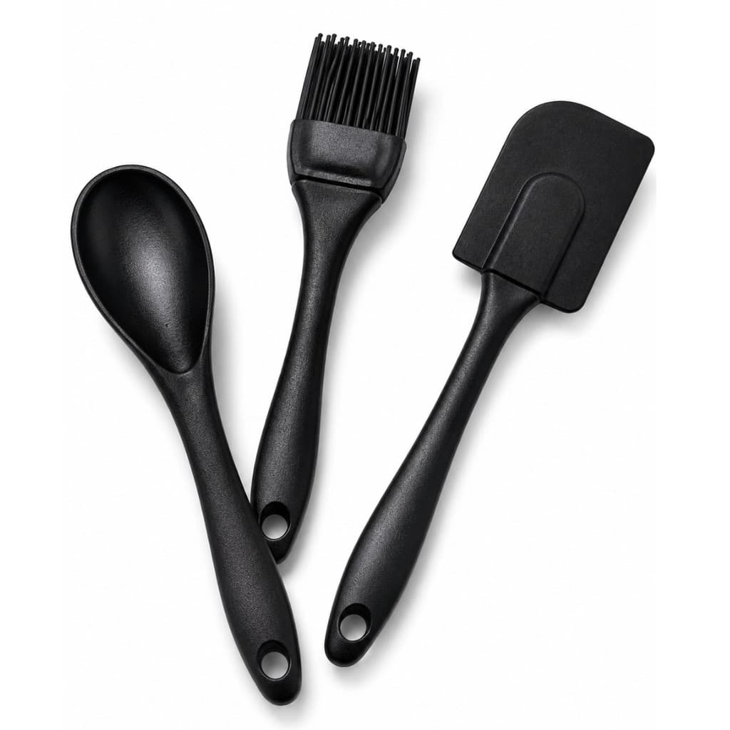 Kit Utensílios de Cozinha em Silicone 3 Peças com Colher Espátula e Pincel Culinário Silicone Preto 21 cm