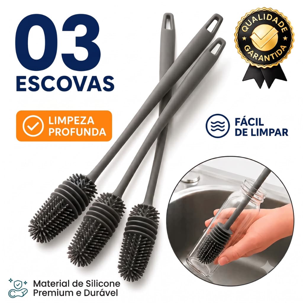Escova De Silicone Para Lavar Garrafas Mamadeiras Copos Limpeza Profunda Nao Risca Cinza