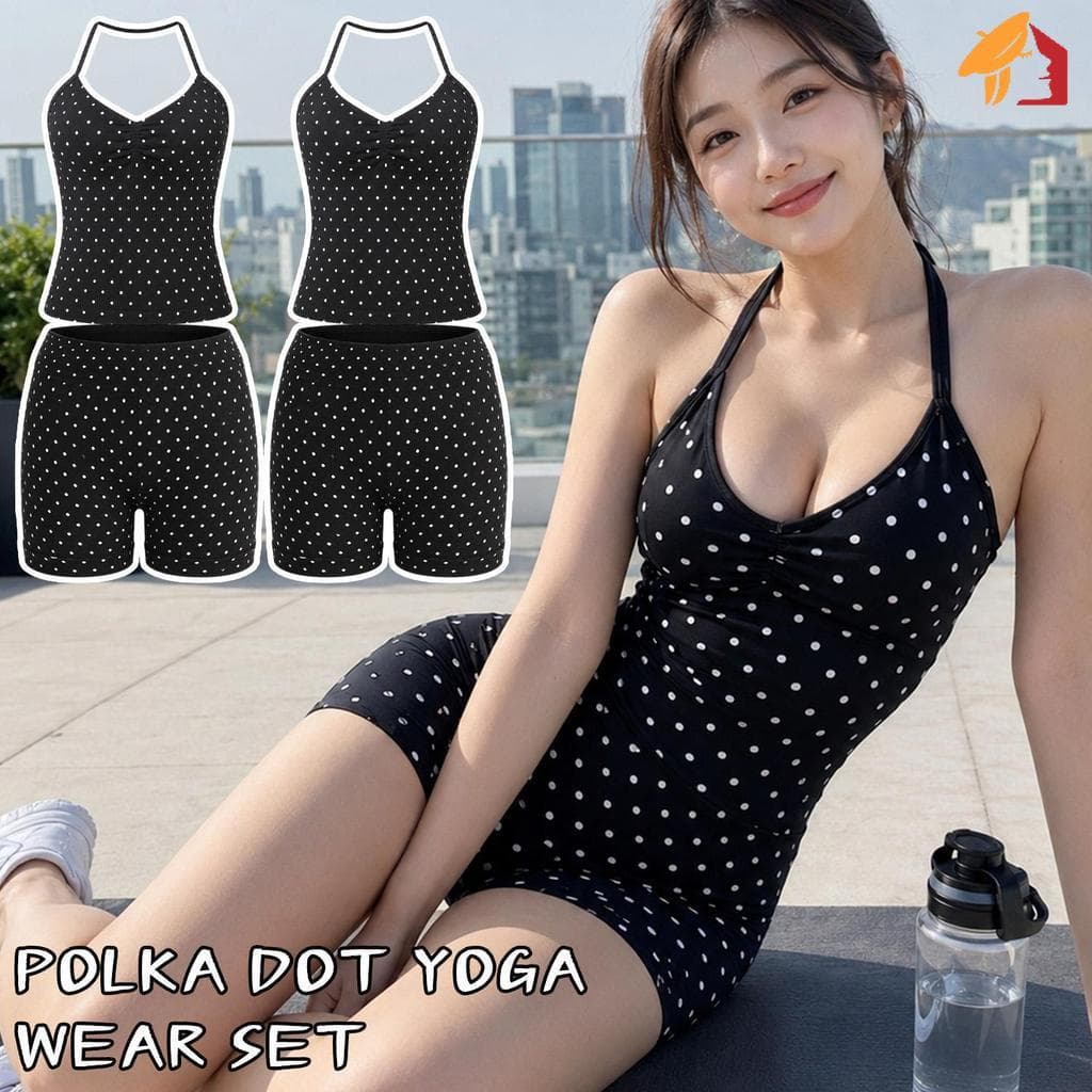 Retro Doce Legal Bolinhas Com Decote Em V Halter Suor Wicking Yoga Conjunto-Anti-Pilling Respirável Diário Casual Fitnes