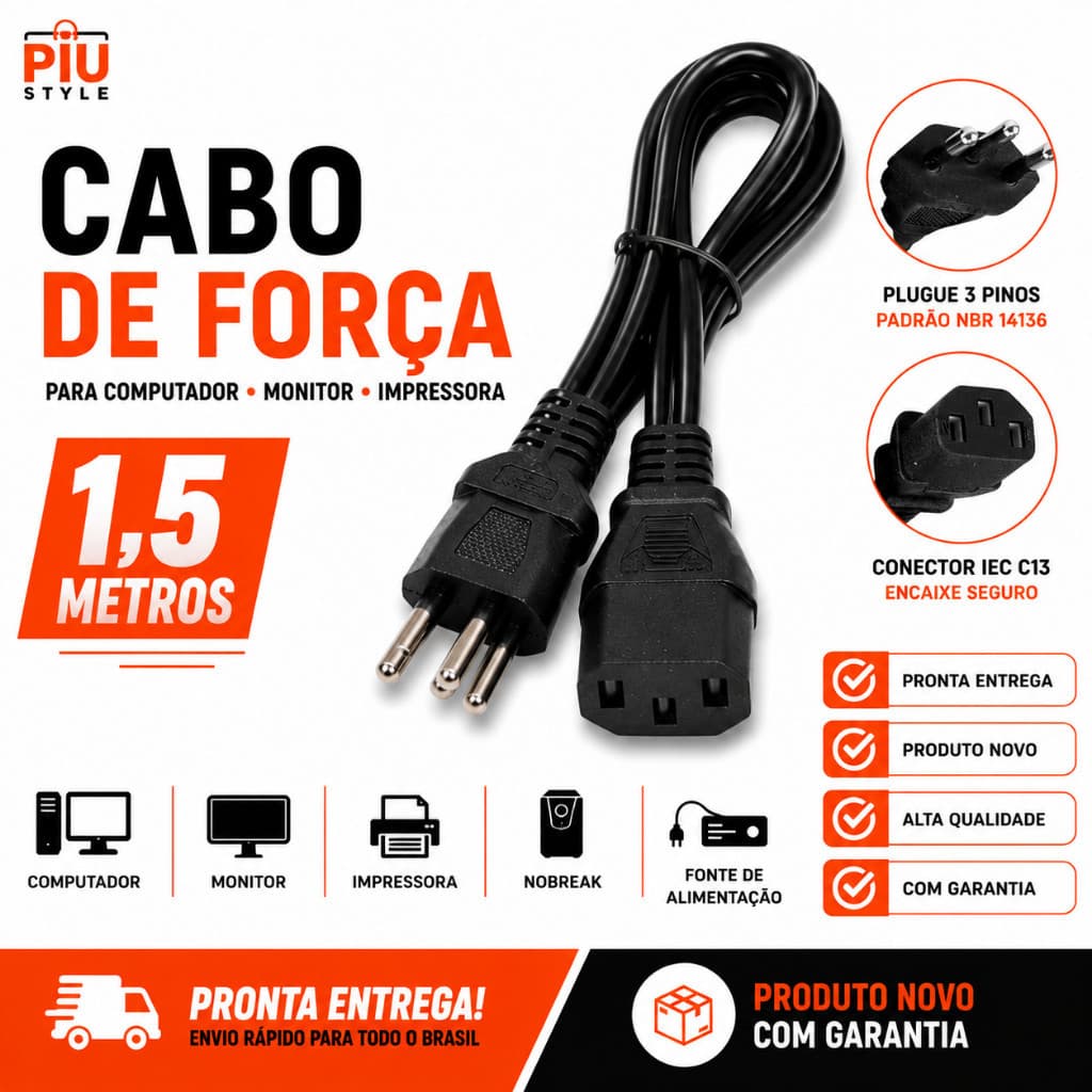kit 2 Cabos de Força Tripolar 3 Pinos para PC Monitor Impressora e Fontes - Padrão Tomada BR, Cabo Energia