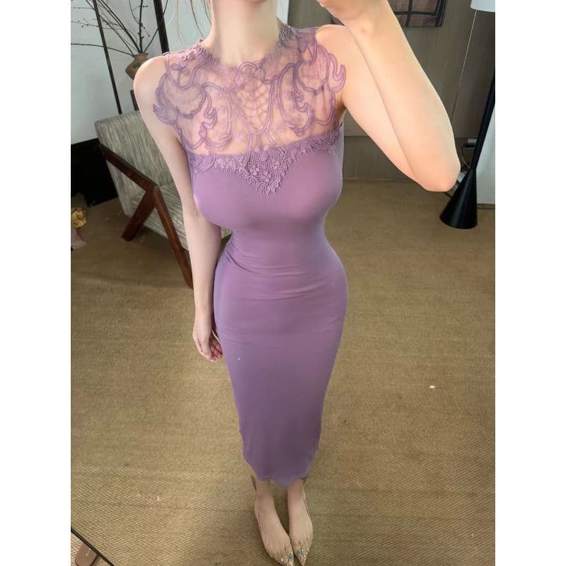 [Promoção por tempo limitado] Suave lindo vestido de renda com costura tubo sem mangas verão nova saia Midi quadril divi